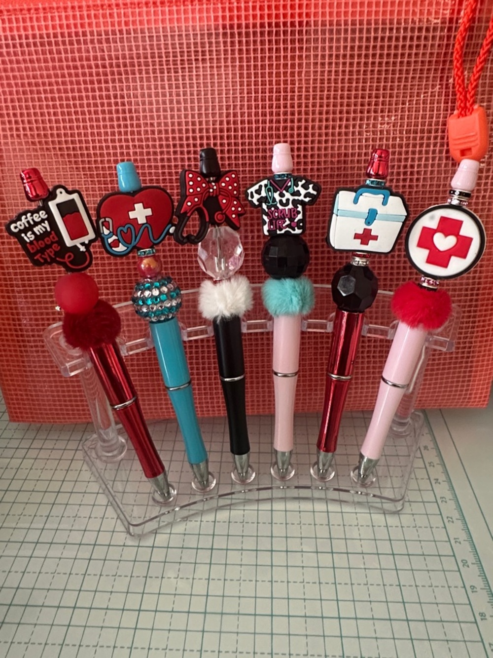 Cute Nurse-Themed Pom Pom Pens Set - Red, Pink, Black, Teal